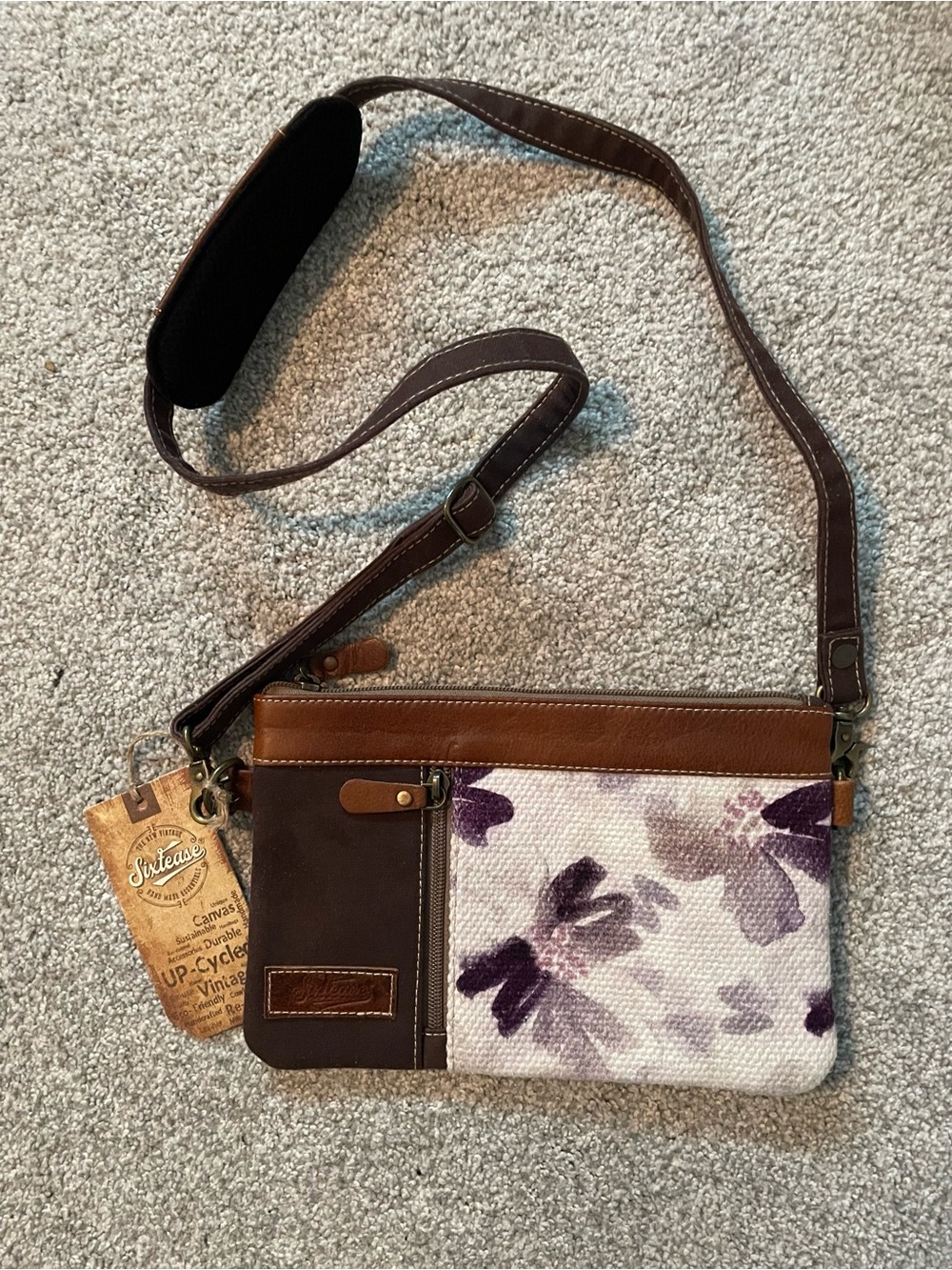 NWT Sixtease Brown & Purple Floral Canvas and Leather Upcycled Crossbody Bag.